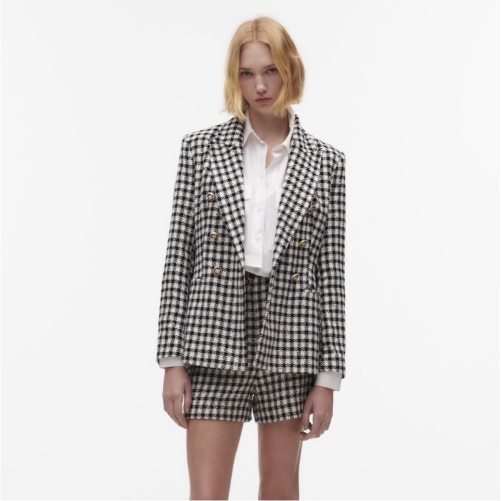 Zara Black Cream Plaid Double Breasted Blazer, S